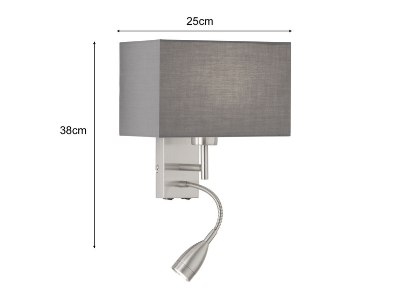 Kleine LED Wandlampe mit Leselampe & Stoffschirm Grau eckig 25cm