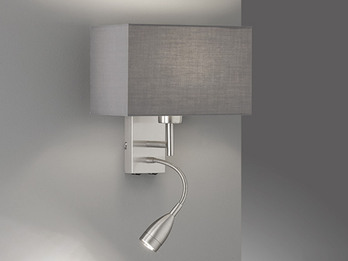 Kleine LED Wandlampe mit Leselampe & Stoffschirm Grau eckig 25cm