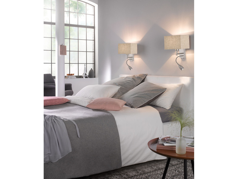 LED Wandlampe mit Leselampe & Stoffschirm Beige eckig, Höhe 38cm