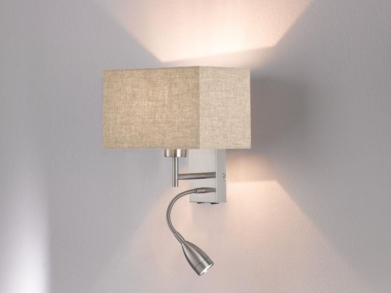 Kleine LED Wandlampe mit Leselampe & Stoffschirm Beige eckig 25cm