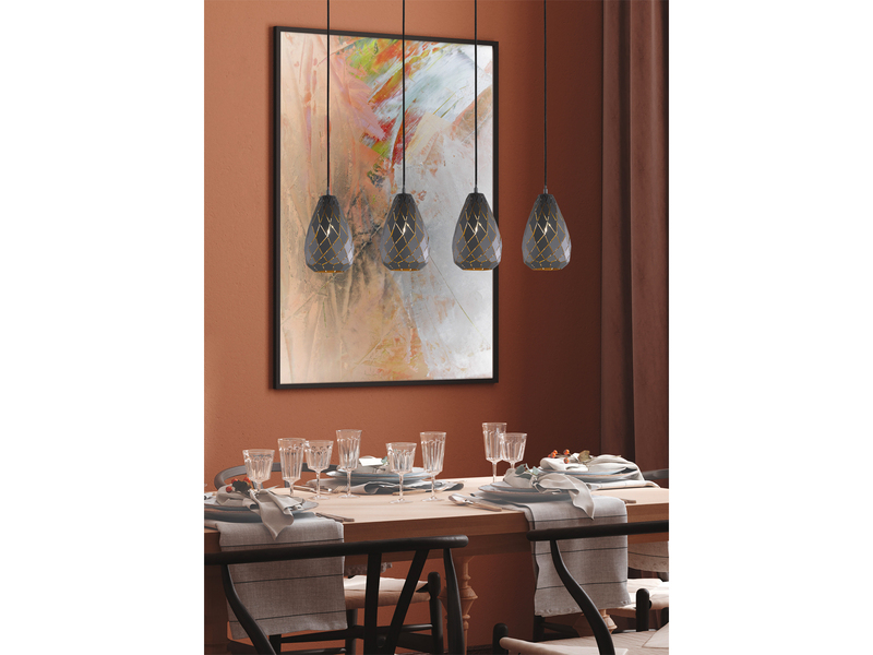 Pendelleuchte ONYX 4 flammig mit Lasercut Muster Anthrazit innen Gold, B: 90cm