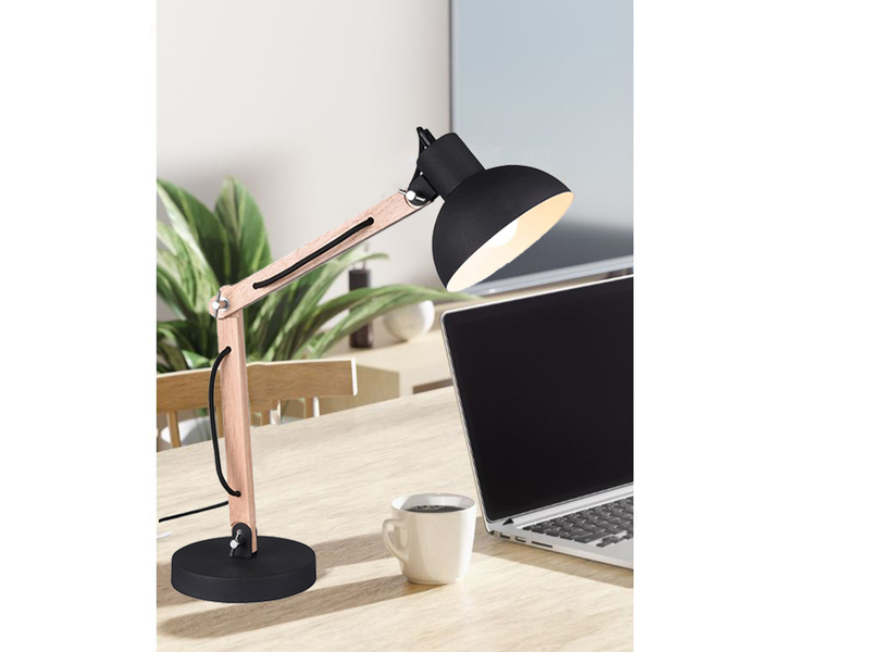 Schreibtischleuchte KIMI mit Holz & Metall Lampenschirm Schwarz, Höhe 50cm