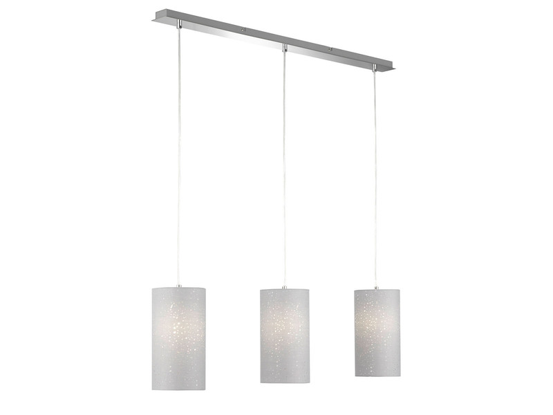 LED Pendelleuchte 3 flammig mit Dekor Stoffschirmen Zylinder Grau, Breite 110cm