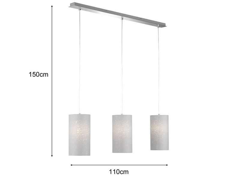 LED Pendelleuchte 3 flammig mit Dekor Stoffschirmen Zylinder Grau, Breite 110cm