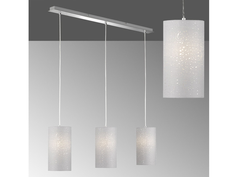 LED Pendelleuchte 3 flammig mit Dekor Stoffschirmen Zylinder Grau, Breite 110cm
