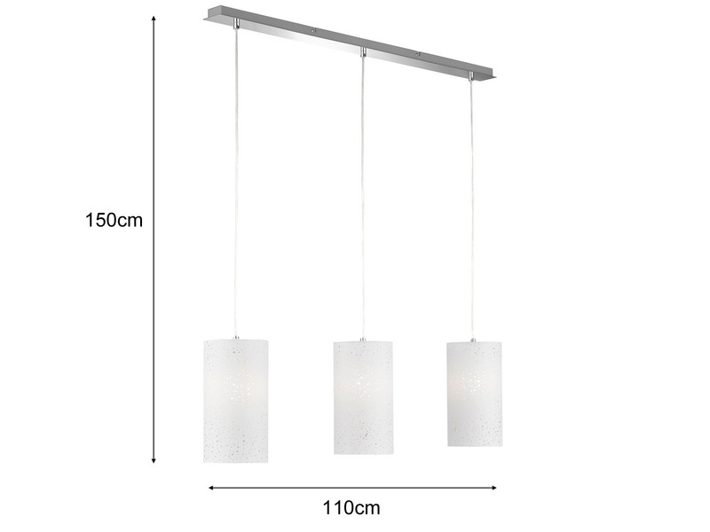 LED Pendelleuchte 3 flammig mit Dekor Stoffschirmen Zylinder Weiß, Breite 110cm