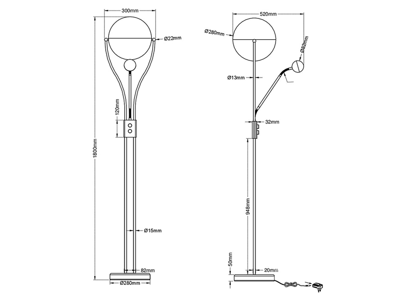 LED Deckenfluter CHRIS mit flexibler Leselampe, Silber Chrom, Höhe 180cm