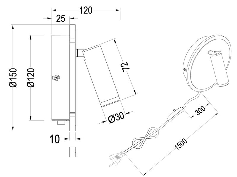 LED Wandleuchte JORDAN Schwarz mit Leselampe & Stecker, Ø 15cm