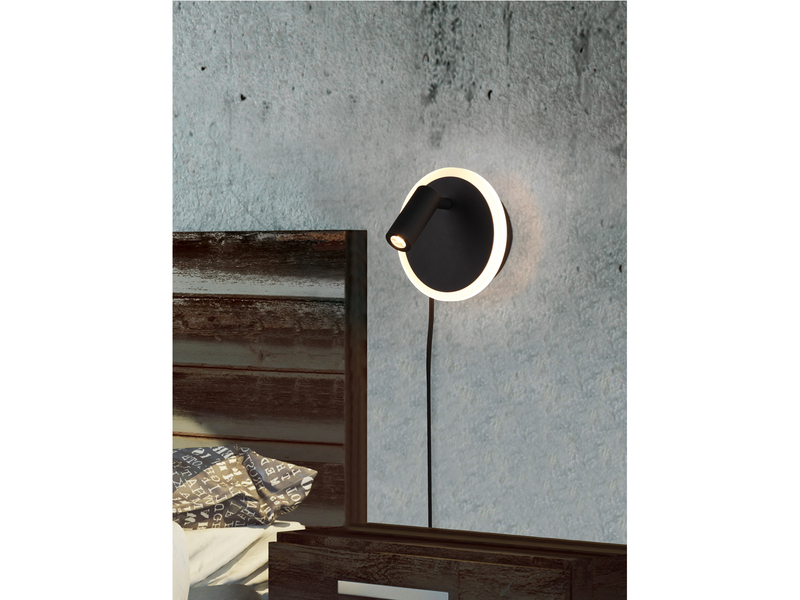 LED Wandleuchte JORDAN Schwarz mit Leselampe & Stecker, Ø 15cm
