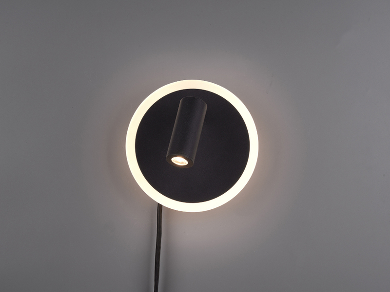 LED Wandleuchte JORDAN Schwarz mit Leselampe & Stecker, Ø 15cm