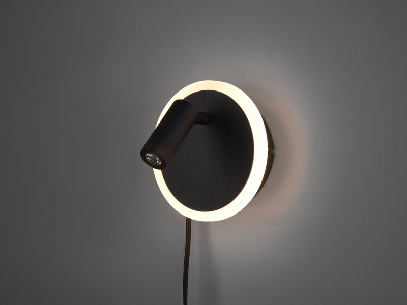 LED Wandleuchte JORDAN Schwarz mit Leselampe & Stecker, Ø 15cm