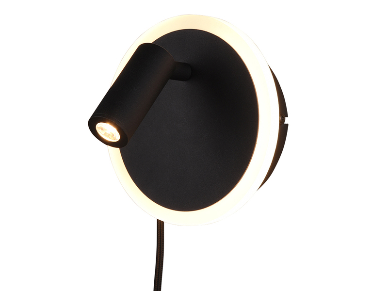 LED Wandleuchte JORDAN Schwarz mit Leselampe & Stecker, Ø 15cm