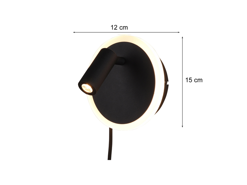 LED Wandleuchte JORDAN Schwarz mit Leselampe & Stecker, Ø 15cm