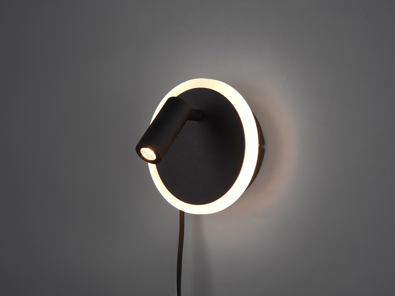LED Wandleuchte JORDAN Schwarz mit Leselampe & Stecker, Ø 15cm