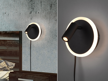 LED Wandleuchte JORDAN Schwarz mit Leselampe & Stecker, Ø 15cm