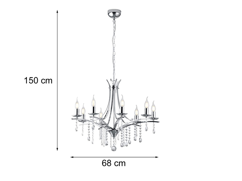 LED Kronleuchter Lüster Silber mit Kristallbehang, 8-flammig Ø 68cm