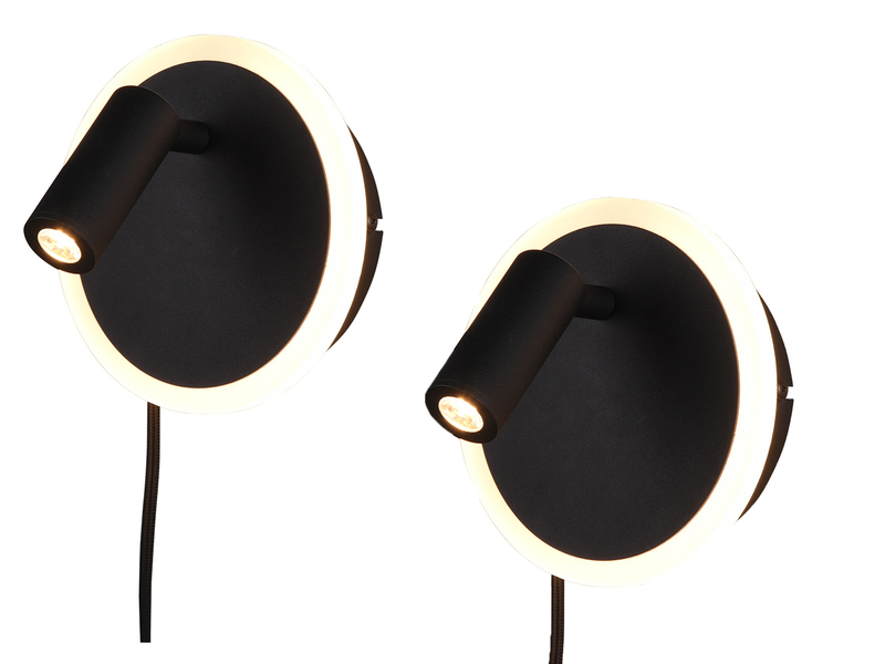 2er SET LED Wandlampen Schwarz mit Leselampe & Stecker, Ø 15cm
