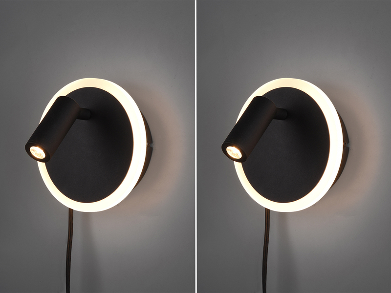 2er SET LED Wandlampen Schwarz mit Leselampe & Stecker, Ø 15cm