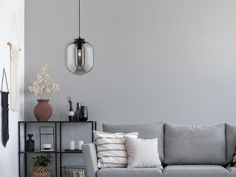 Kleine Pendelleuchte REGI 1-flammig Glaskugel aus Rauchglas, Ø 24cm