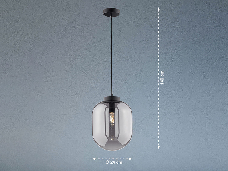Kleine Pendelleuchte REGI 1-flammig Glaskugel aus Rauchglas, Ø 24cm