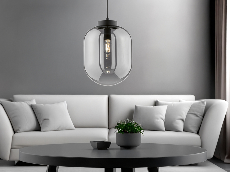 Kleine Pendelleuchte REGI 1-flammig Glaskugel aus Rauchglas, Ø 24cm