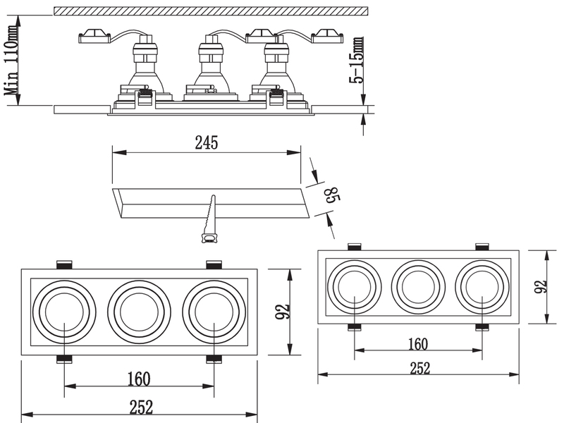 Eckiger 3-flammiger LED Deckeneinbaustrahler Schwarz, schwenkbar 25,2 x 9,2cm