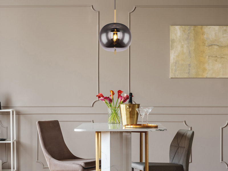 Pendelleuchte BLACKY Messing 1-flammig mit Rauchglas Glaskugel, Ø 30cm