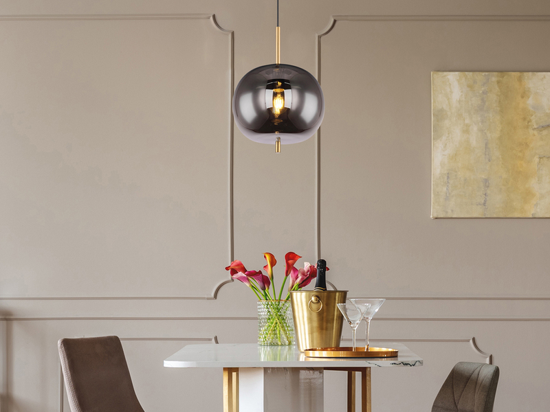 Pendelleuchte BLACKY Messing 1-flammig mit Rauchglas Glaskugel, Ø 30cm
