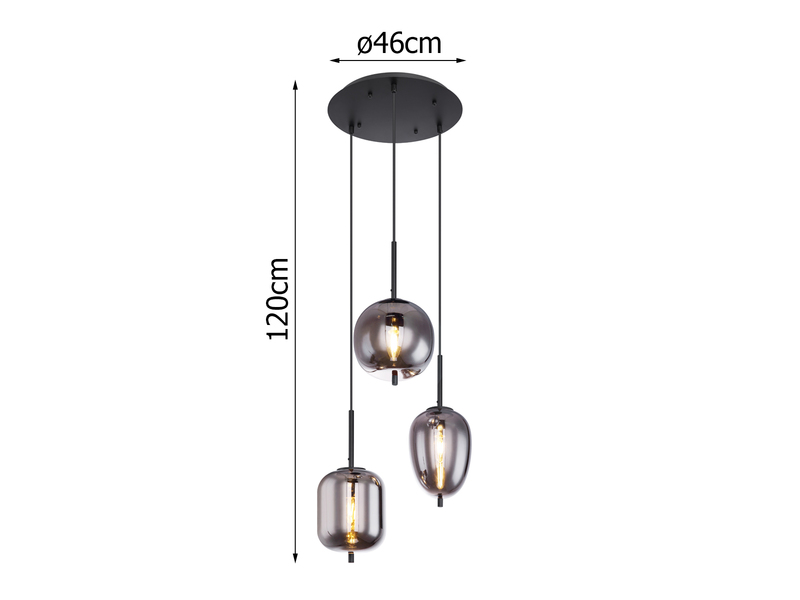 Pendelleuchte BLACKY Metall Schwarz mit 3 Rauchglaskugeln, Ø 46cm
