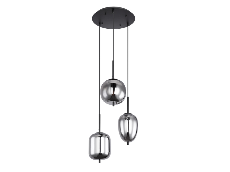 Pendelleuchte BLACKY Metall Schwarz mit 3 Rauchglaskugeln, Ø 46cm