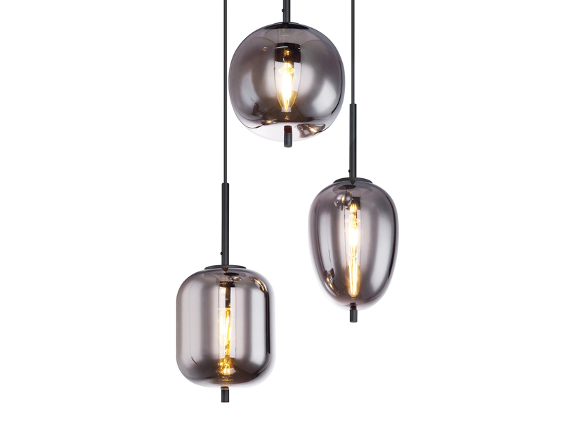Pendelleuchte BLACKY Metall Schwarz mit 3 Rauchglaskugeln, Ø 46cm