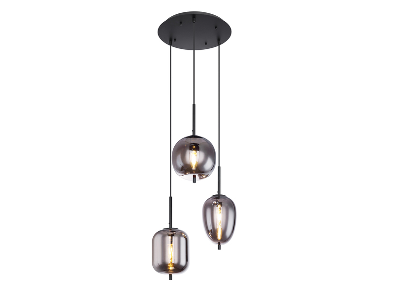 Pendelleuchte BLACKY Metall Schwarz mit 3 Rauchglaskugeln, Ø 46cm
