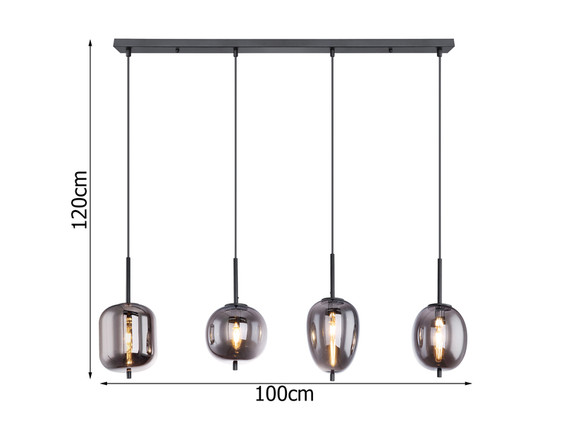 Pendelleuchte BLACKY mit 4 Rauchglaskugeln Metall Schwarz, Breite 100cm