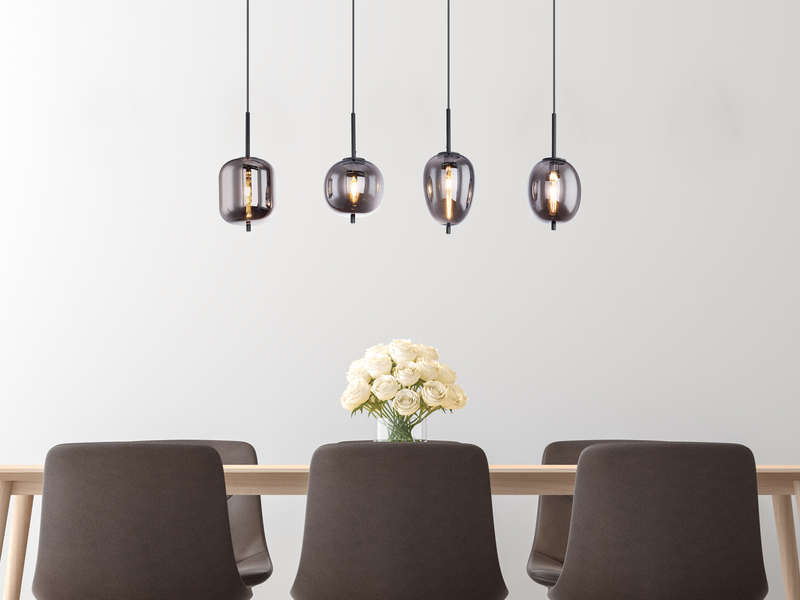 Pendelleuchte BLACKY mit 4 Rauchglaskugeln Metall Schwarz, Breite 100cm