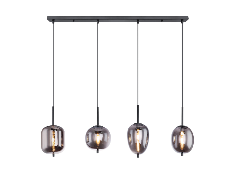 Pendelleuchte BLACKY mit 4 Rauchglaskugeln Metall Schwarz, Breite 100cm