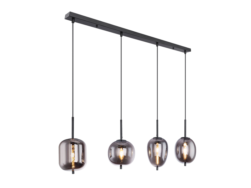 Pendelleuchte BLACKY mit 4 Rauchglaskugeln Metall Schwarz, Breite 100cm