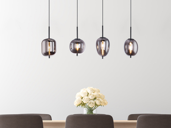 Pendelleuchte BLACKY mit 4 Rauchglaskugeln, Metall schwarz