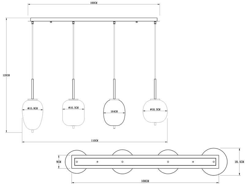 Pendelleuchte BLACKY Messing 4-flammig mit Rauchglas Glaskugeln, B: 100cm