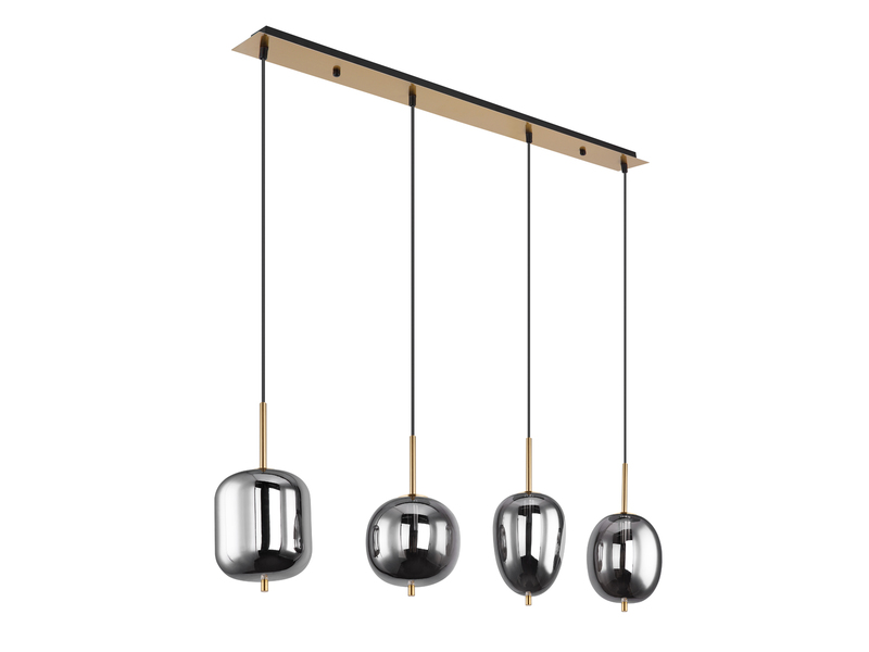 Pendelleuchte BLACKY mit 4 Rauchglaskugeln Metall Messing, Breite 100cm