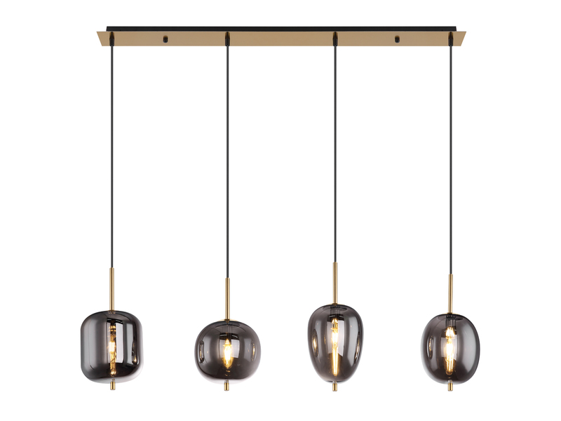 Pendelleuchte BLACKY mit 4 Rauchglaskugeln Metall Messing, Breite 100cm