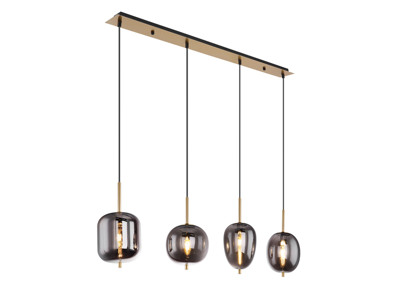 Pendelleuchte BLACKY mit 4 Rauchglaskugeln Metall Messing, Breite 100cm