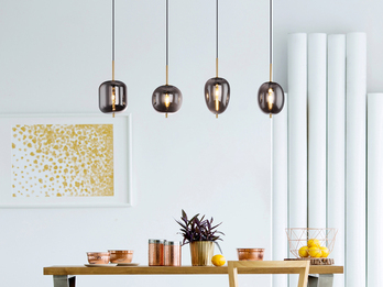 Pendelleuchte BLACKY mit 4 Rauchglaskugeln, Metall Messing