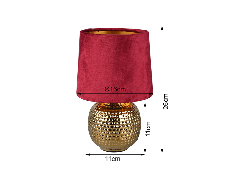Tischleuchte SOPHIA mit Keramikfuß & Samtschirm Rot - Gold, Höhe 26cm
