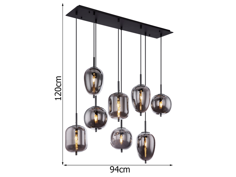 Pendelleuchte BLACKY Schwarz 8-flammig mit Rauchglas Glaskugeln, B: 94cm