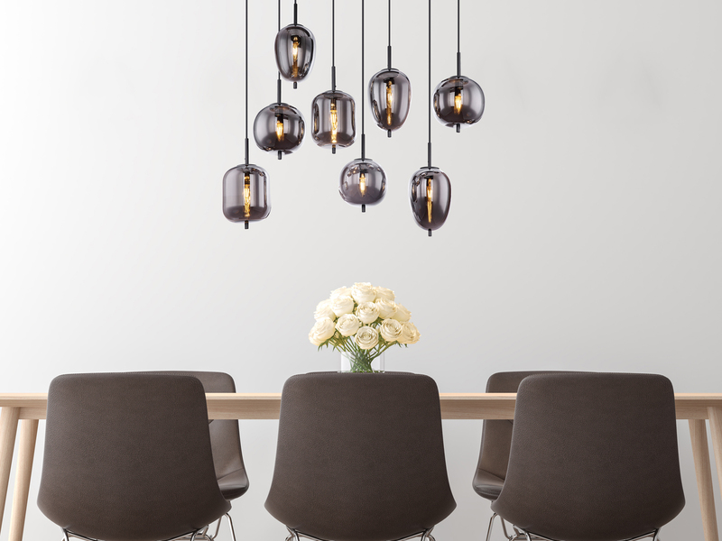 Pendelleuchte BLACKY 8 Rauchglaskugeln Metall Schwarz, Breite: 94cm