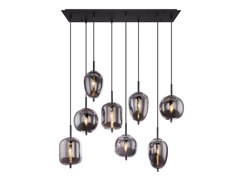 Pendelleuchte BLACKY 8 Rauchglaskugeln Metall Schwarz, Breite: 94cm