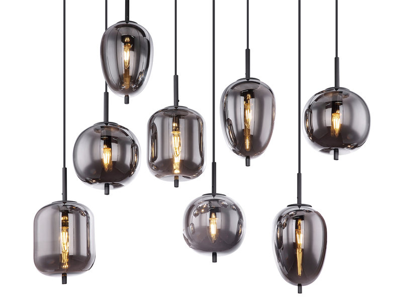 Pendelleuchte BLACKY Schwarz 8-flammig mit Rauchglas Glaskugeln, B: 94cm