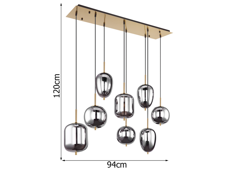 Pendelleuchte BLACKY Messing 8-flammig mit Rauchglas Glaskugeln, B: 94cm