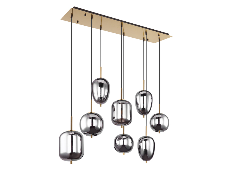 Pendelleuchte BLACKY 8 Kugeln Rauchglas Metall Messing, Breite 94cm