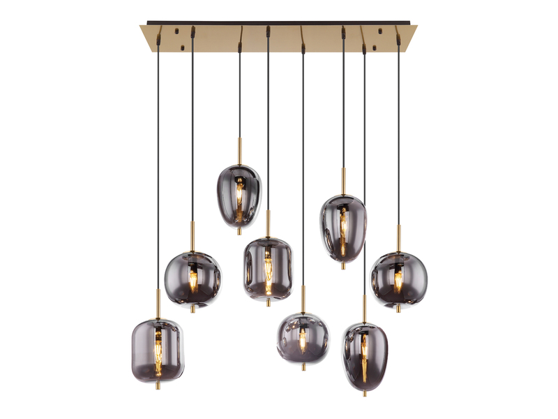 Pendelleuchte BLACKY mit 8 Rauchglaskugeln, Metall Messing